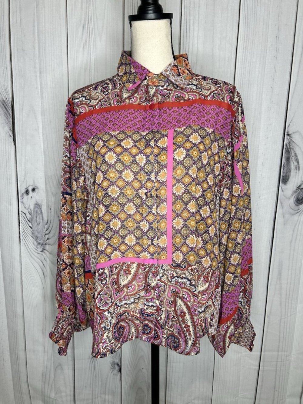 ee:some Sheer Button Up Blouse Sz M Floral Boho Chic Peasant Ruffle Cottagecore